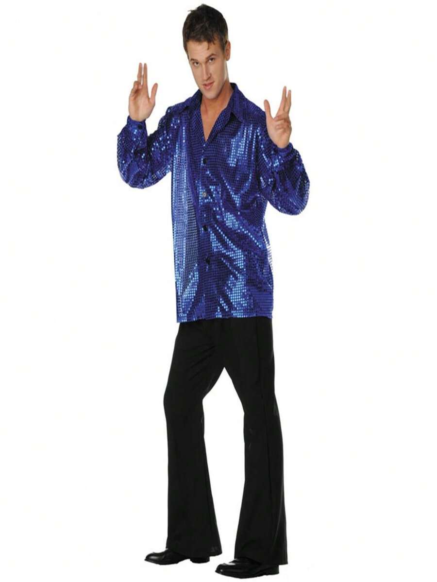 Plus Size Disco Inferno 70s Sequin Costume - Blue - 彩色 - 查看 1
