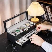 Lechay Watch Box For Men, 6 Slot Watch Display Case With Drawer, Mens Watch Case With Glass Lid, 2-Layer Jewelry And Watch Storage Watch Holder Organizer For Men Women -6 Slot, Black - màu đen - Xem 5