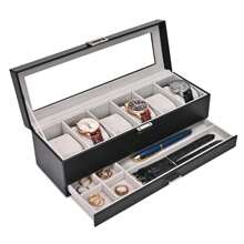 Lechay Watch Box For Men, 6 Slot Watch Display Case With Drawer, Mens Watch Case With Glass Lid, 2-Layer Jewelry And Watch Storage Watch Holder Organizer For Men Women -6 Slot, Black - màu đen - Xem 1