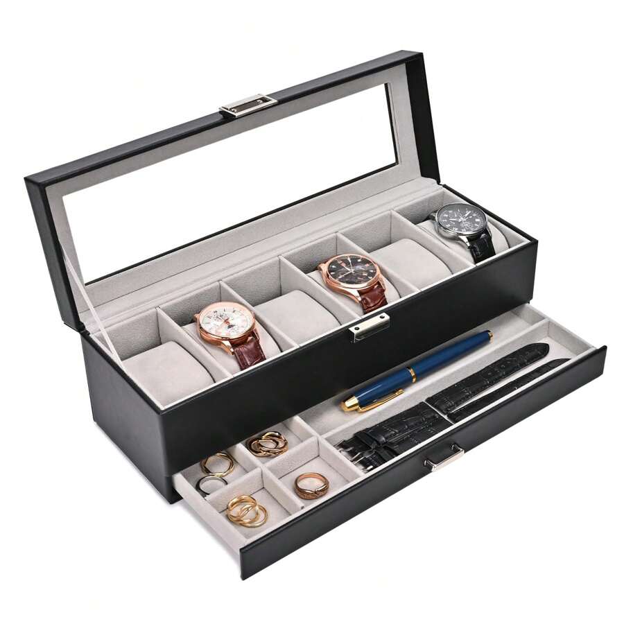 Lechay Watch Box For Men, 6 Slot Watch Display Case With Drawer, Mens Watch Case With Glass Lid, 2-Layer Jewelry And Watch Storage Watch Holder Organizer For Men Women -6 Slot, Black - màu đen - Xem 1