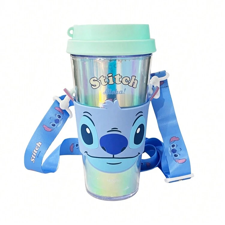 Miniso Vaso de agua de plástico de la serie Disney Stitch Angel de 420 ml - Botella de agua con taza, mangas y correa de moda de dibujos animados para niñas, para uso deportivo, al aire libre y escolar - Azul - Añade 8