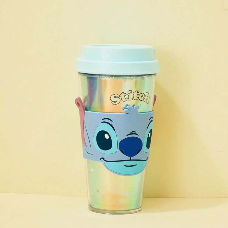 Miniso Vaso de agua de plástico de la serie Disney Stitch Angel de 420 ml - Botella de agua con taza, mangas y correa de moda de dibujos animados para niñas, para uso deportivo, al aire libre y escolar - Azul - Añade 5