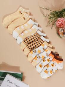 10 Pares Calcetines Amarillos Para Mujer, Finos, Transpirables, Poco Profundos Y Que No Caen, Calcetines Con Estampado De Dibujos Animados Para Mujeres Jóvenes - Amarillo - Ver 2