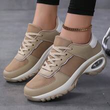 1 Pair Color Block Fashionable Casual Sports Air Cushion Running Shoes, Outdoor Height-Increasing Walking Shoes, Breathable Camping Shoes - Khaki - View 2