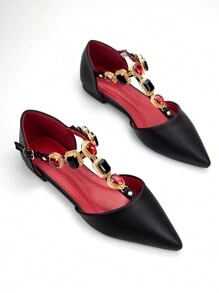 2025 秋季女士奢华水钻链条装饰黑红拼色时尚尖头镂空踝带平底鞋，适合日常和派对情人节 - 黑色 - 查看 2