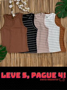 Kit 5 Striped Ribbed Tank Top And Lisa Ribana Basic T-Shirt Day To Day Blouse Gringa Fashion Casual Tank Top - Brown/Lis White/Lis Black/Lis Beige/Lis Brown - View 1