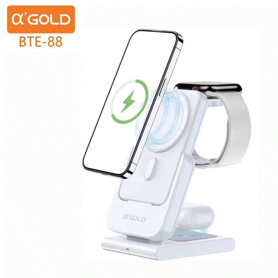 Carregador Indução Dock e Power Bank Magnético 10000 Mah Turbo 4 em 1 Para iphone 12 13 14 15 e Apple Watch e AirPods  AGOLD BTE-88 - Branco - Visão 1