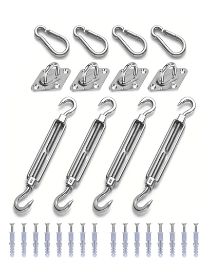 44 st Hårdvarusats för utomhussolskyddssegel, kraftiga beslag i rostfritt stål för installation av uteplatsmarkis, inklusive väggfästen, krokar och skruvar