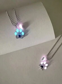 ATLVXJL 2 Stück leuchtende Paar süße Tierfußabdruck eingelegt Projektionsperlen Magnetisches Herz, leuchtet im Dunkeln, Edelstahl Kette Charm Halskette als Geschenk zum Valentinstag für Valentinstag, Mutter, Muttertag