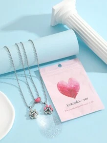 ATLVXJL 2 Stück leuchtende Paar süße Tierfußabdruck eingelegt Projektionsperlen Magnetisches Herz, leuchtet im Dunkeln, Edelstahl Kette Charm Halskette als Geschenk zum Valentinstag für Valentinstag, Mutter, Muttertag