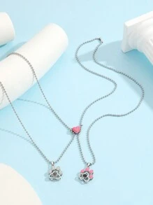 ATLVXJL 2 Stück leuchtende Paar süße Tierfußabdruck eingelegt Projektionsperlen Magnetisches Herz, leuchtet im Dunkeln, Edelstahl Kette Charm Halskette als Geschenk zum Valentinstag für Valentinstag, Mutter, Muttertag