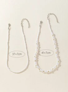 Conjunto de collar artesanal con perlas blancas nacaradas y flores de cuentas para mujer, brillante y versátil, 2 piezas - Blanco - Ver 3