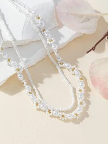 Conjunto de collar artesanal con perlas blancas nacaradas y flores de cuentas para mujer, brillante y versátil, 2 piezas - Blanco - Ver 1