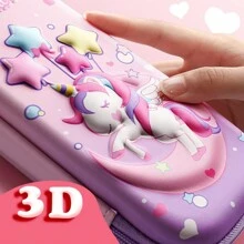 Un étui à crayons rose en EVA avec un motif de licorne en 3D stéréodimensionnel mignon, fournitures scolaires de dessin animé pour étudiant, boîte de rangement avec insert de stylo et sac en filet, grande capacité pour filles