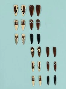 24 件长杏仁形假指甲，含 1 瓶果冻胶和 1 个指甲锉，暖色调埃及女王设计，适合女士美甲装饰按压指甲美甲用品 - 彩色 - 查看 3