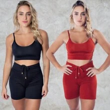 Kit 2 Short Set With Fitness Laces And Top Zero Transparency Gym High Waist - Đỏ - Xem 1