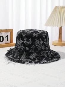 1pc Retro Butterfly Design Distressed Fringe Bucket Hat, Ladies Fashion Sun Protection Wide Brim Casual Cap - A - View 9