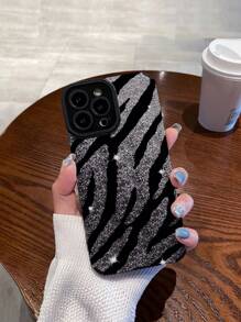 1pc New Fashion Simple Zebra Patterned Frosted Soft Silicone Phone Case With Rhinestones, Anti-Drop, Compatible With IPhone And Samsung Galaxy S15/S15 Plus/S15 Pro/S15 Pro Max - Multicolor - View 2