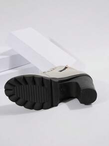 搭配毛衣女士纯色厚底靴，系带侧拉链一脚蹬圆头粗跟鞋，休闲舒适鞋 - 灰色 - 查看 4