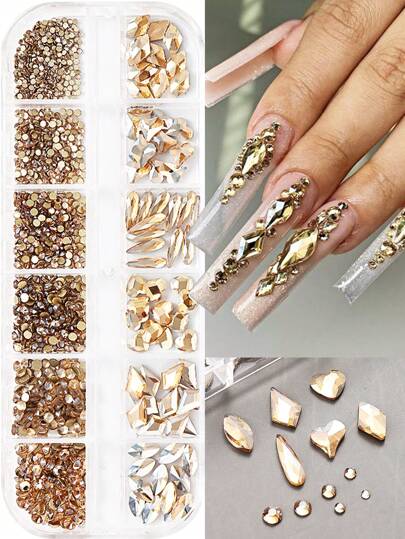 Cristales de uñas 3D dorados, Rhinestones asimétricos de cristal plano, Decoración de arte de uñas con gemas de estética Y2K, Suministros para uñas en 12 rejillas