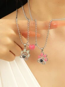 ATLVXJL 2 Stück leuchtende Paar süße Tierfußabdruck eingelegt Projektionsperlen Magnetisches Herz, leuchtet im Dunkeln, Edelstahl Kette Charm Halskette als Geschenk zum Valentinstag für Valentinstag, Mutter, Muttertag