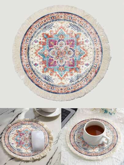 复古圆形鼠标垫/文字艺术流苏茶杯垫 - 花卉图案返校游戏鼠标垫桌面配件办公用品办公桌配件鼠标垫桌面鼠标垫