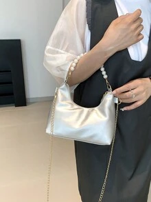 时尚纯色简约链条斜挎水桶包配仿珍珠单肩包，适合逛街、钱包、购物、年轻女性、大学生、新人、白领。非常适合办公室、大学、工作、商务、通勤、户外、旅游和郊游 - 銀色 - 查看 4