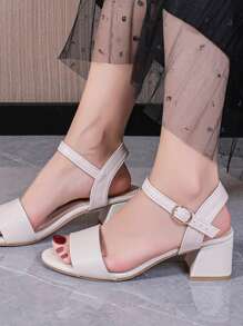 1 Pair Plus Size Girl's Fashion High Heel Sandals, Solid Color Leather Patchwork One-Buckle Strap Open Toe Chunky Heel, Rubber Flat Combination Roman Sandals, Suitable For Girls Casual, Party, Holiday In Summer - Apricot - View 6