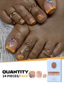 Add A Little Romance 24 Pieces Of Short Square Toenails French Yellow Edge Wearable Toenail Set Colorful Rhinestone Glitter Nails Gem Yellow Flower Print Glitter Nail Stickers Free One Piece Of Jelly Glue One Toenail Rubbed Full Coverage Wearable False Toenail Set Suitable For Women And Girls To Wear In Various Scenes - Multicolor - View 8