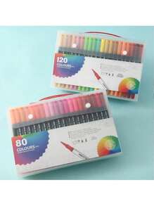 12/24/36/48 peças Marcadores Duplos de Dupla Ponta Fina e Escova, Cores de Esboço de Caneta de Aquarela Profissional de Desenho para Estudantes Abastecimento Escolar de Papelaria. - Multicolorido - Visão 2