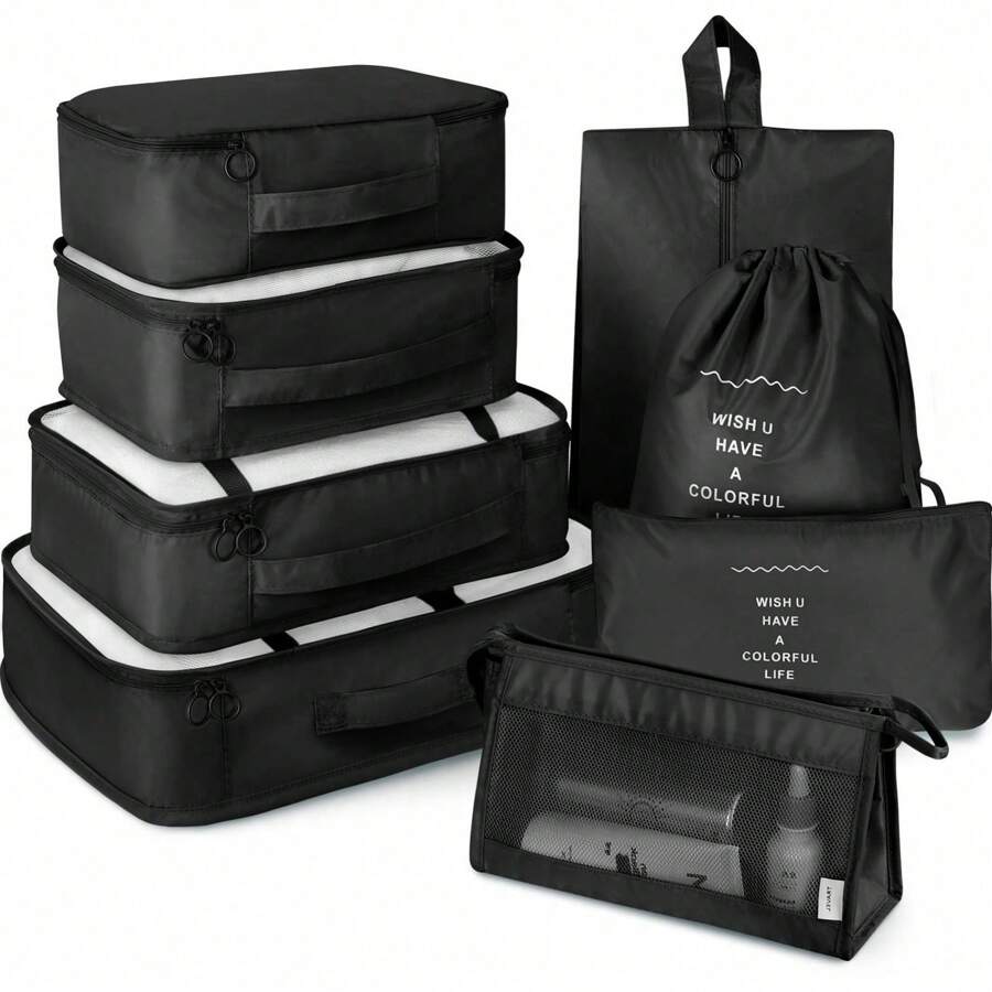 8 Set Travel Essentials, Suitcase Organizer Bags, Packing Cubes, Storage Bag, Travel Organizer Bags, Vacation Essentials, Travel Accessories, Cruise Essentials, Beach Essentials, Purse Essentials, School Supplies, Suitable For Organization And Storage - 黑色 - 查看 1