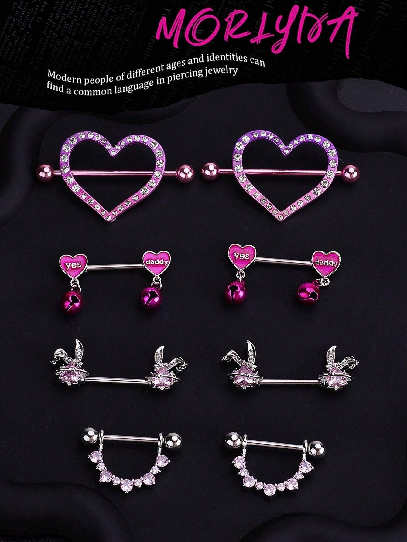 2pcs Set Sexy Cute Small Bell Pink Heart Nipple Rings Stainless Steel Bunny Nipple Rings Yes Daddy Nipple Stud Ball Snake Nipple Barbell Rings Nipple Piercing Jewelry For Women Girls Men For