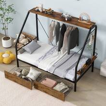 MERAX Metal Frame Platform Bed With Clothes Rack, Storage Shelves And 2 Drawers, Black ,Twin Size Or Full Size - 黑色 - 查看 4