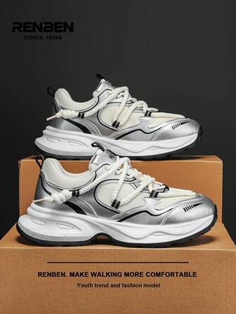RENBEN 1 双男士休闲网眼透气厚底运动鞋，银色组合，时尚潮流，厚底设计，减震回弹，适合休闲、运动、工作、上学和旅行