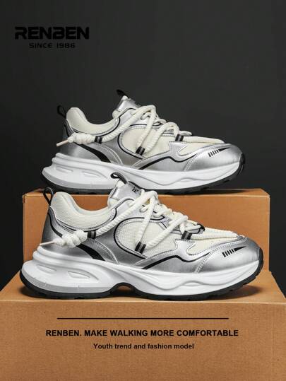 RENBEN 1 par Zapatillas deportivas casuales de malla transpirable y robusta para hombre, combinación de color plateado para moda de tendencia, diseño de suela gruesa con amortiguación y rebote, adecuado para ocio, deportes, trabajo, escuela y viajes