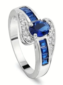 Anillo de banda de zirconia azul ovalado, anillo de boda elegante súper brillante, decoración de joyas