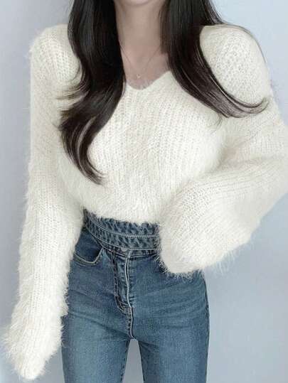 马海毛V领长袖毛衣，秋冬