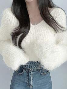 马海毛V领长袖毛衣，秋冬 - 米色 - 查看 4