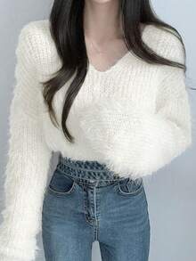 马海毛V领长袖毛衣，秋冬 - 米色 - 查看 5