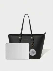 1 pieza Bolso de hombro tipo tote de PU de unicolor con diseño de gran capacidad - Negro - Ver 6