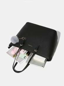 1 pieza Bolso de hombro tipo tote de PU de unicolor con diseño de gran capacidad - Negro - Ver 4