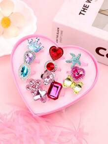 12 Pcschildren Ring Gift Set Plastic Ring Alloy Ring Adjustable Ring, Fashion Girl Ring Jewelry Gift Shiny Plastic Jewelry Ring Children's Accessories Birthday Gift And Animal Princess Party, Crown Design And Drop Craft, Suitable For Girls, Thanksgiving Christmas Gift