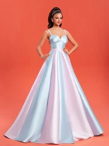 A-Line Sweetheart Satin Straps Evening Dress Gown - Blue - View 5