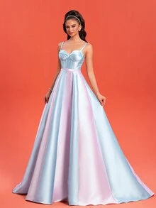 A-Line Sweetheart Satin Straps Evening Dress Gown - Blue - View 3
