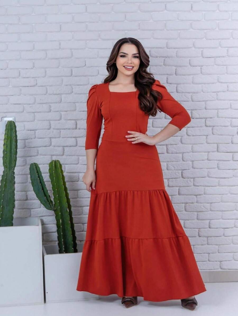 Women's Long Dress Duas Marias 3/4 Sleeve Princess - 亮橙色 - 查看 1