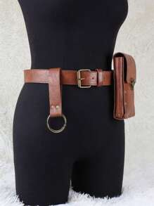 3件套中世纪腰包棕色PU皮革腰包复古裙套适合文艺复兴时期维京时代腰包角色扮演道具 - 棕色 - 查看 3