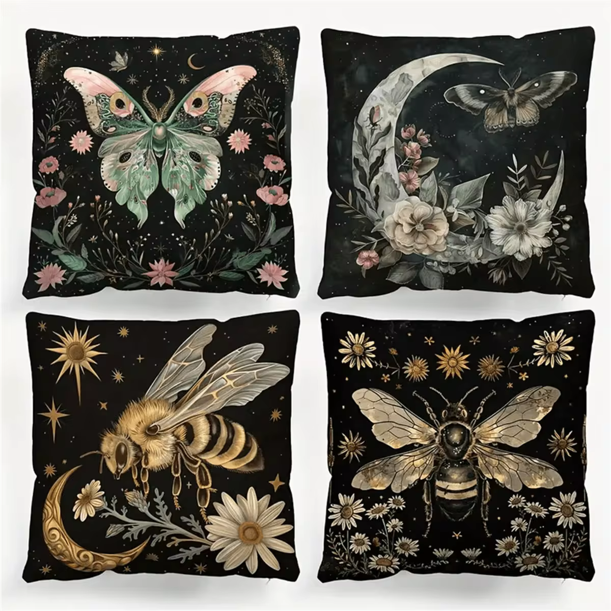 4pcs, Luxurious Vintage Celestial Pattern Decorative Pillowcase - Zipper Closure, 100% Polyester, Moon Phase & Floral Print, Occult Butterfly & Bee Design - Ideal For Sofa, Bed, Car, Living Room Decoration - 4 Pcs - View 13