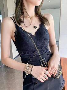 2 Pack Women Lace Bralette Camisole Spaghetti Strap Casual Tank Top Tube Summer Sexy Butterfly Racerback V Neck Slim Basic Crop Cami Tops - 黑與白 - 查看 3