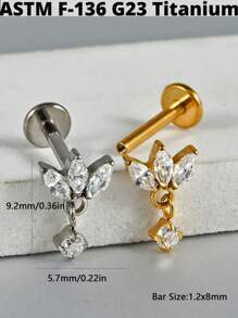 1 件马眼形锆石 G23 纯钛耳钉 16G 内螺纹三锆石螺旋 Cz 花形耳屏穿孔珠宝