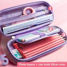 Un étui à crayons rose en EVA avec un motif de licorne en 3D stéréodimensionnel mignon, fournitures scolaires de dessin animé pour étudiant, boîte de rangement avec insert de stylo et sac en filet, grande capacité pour filles